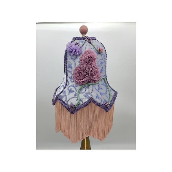 Fringed Fabric Lampshade ONLY Ceramic Pink Ball Finial Bohemian/Victorian-Style - Picture 1 of 9